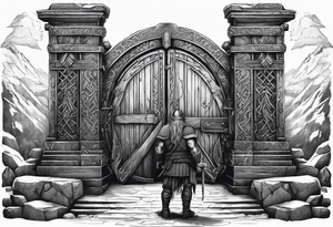 A Viking standing in front of the gate to the valhalla. tattoo idea