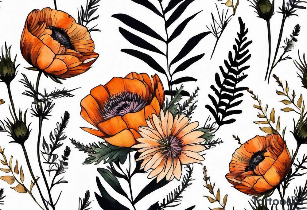 vertical mixed wildflower bouquet with ferns, burnt orange ranunculus, thistle and with watercolor tattoo idea