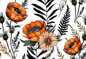 vertical mixed wildflower bouquet with ferns, burnt orange ranunculus, thistle and with watercolor tattoo idea