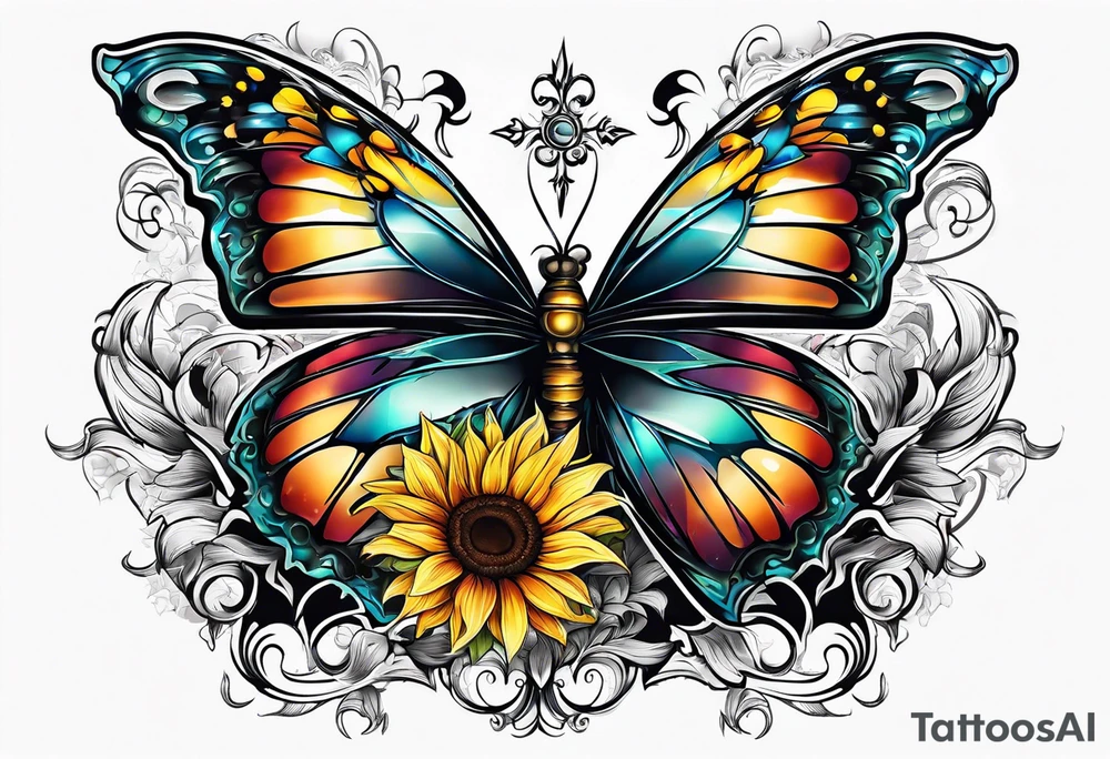Winged cross with sunflower and butterflies tattoo idea