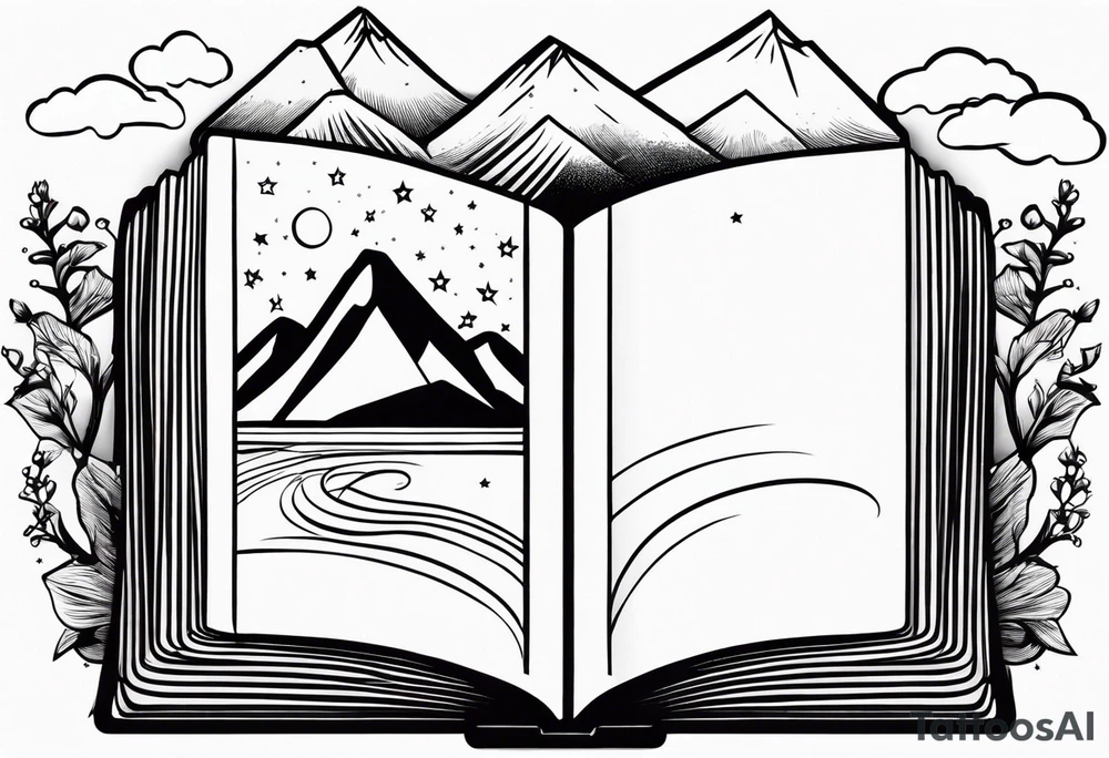 Open book with stars and mountains in a cartoon minimalistic design. Incorporate sushi subtly tattoo idea