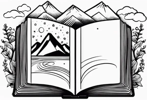 Open book with stars and mountains in a cartoon minimalistic design. Incorporate sushi subtly tattoo idea