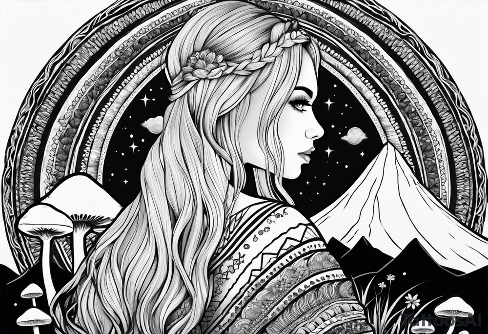 Straight blonde hair girl facing away toward mountains surrounded by mushrooms crescent moon mandala circular design black and white striped dress "8" braided into hair tattoo idea