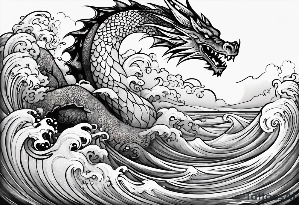create me a tattoo with a dragon on a wave and a feild of violets and a man and a child walking together tattoo idea