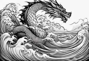 create me a tattoo with a dragon on a wave and a feild of violets and a man and a child walking together tattoo idea