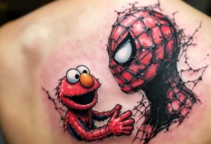 Elmo and spiderman from a web bright colore tattoo idea