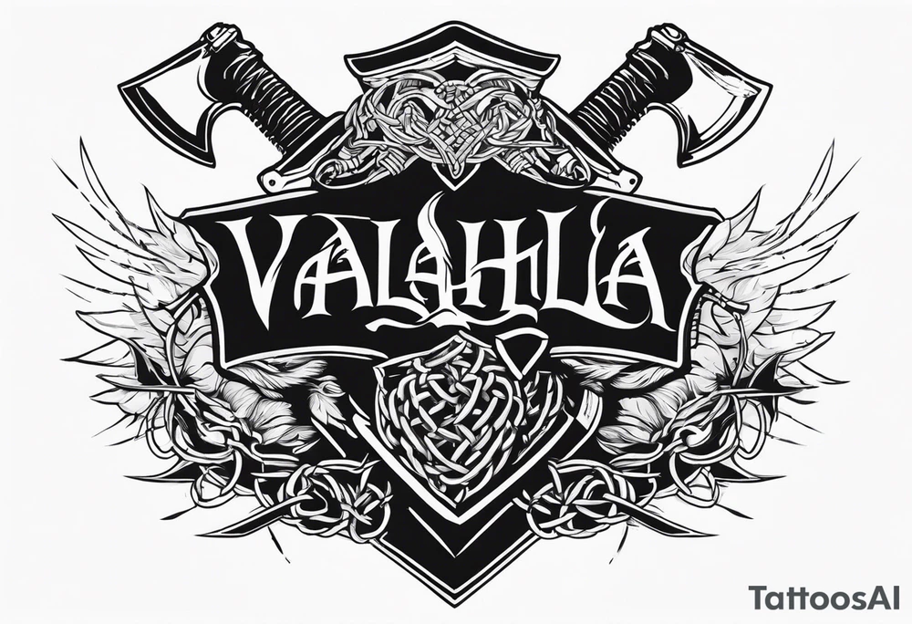 Valhalla sword shield axe barbed wire chains dark cloud tattoo idea