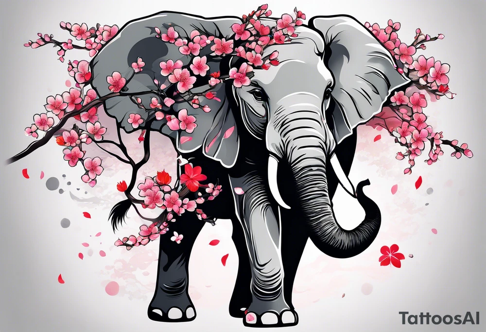 japanese cherry blossoms with a fun elephant in the background tattoo idea