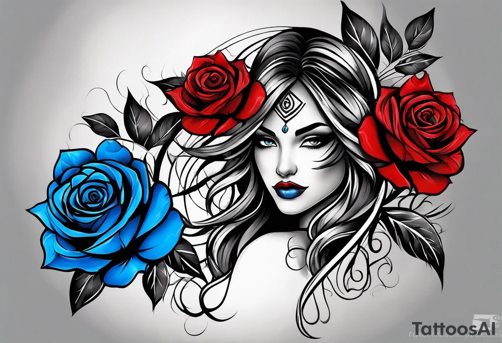 Tribal woman Colored blue and red roses tattoo idea