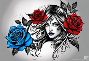 Tribal woman Colored blue and red roses tattoo idea