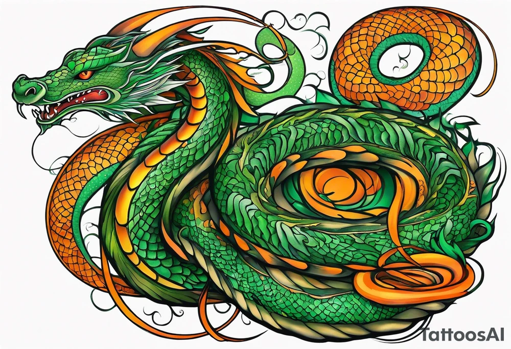 Long Snake dragon green orange tattoo idea