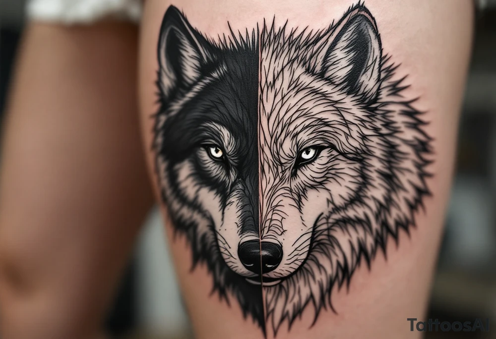 Side by side black wolf face and white wolf face tattoo idea