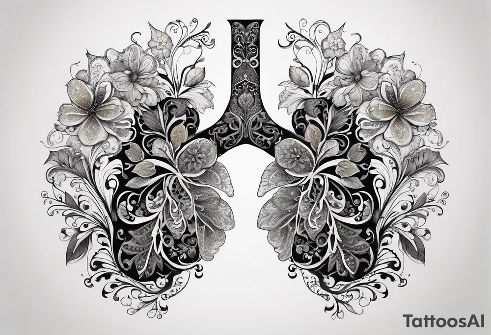 intricate and artistic arrangement of flowers and ornamental patterns that come together to form the shape of human lungs. The design should have a balance of delicacy and detail, with vibrant floral elements seamlessly intertwining to mimic the structure of the lungs, including the bronchi branching into floral motifs. Incorporate subtle shading and depth to give the tattoo a dynamic and organic feel, while maintaining elegance and symmetry tattoo idea