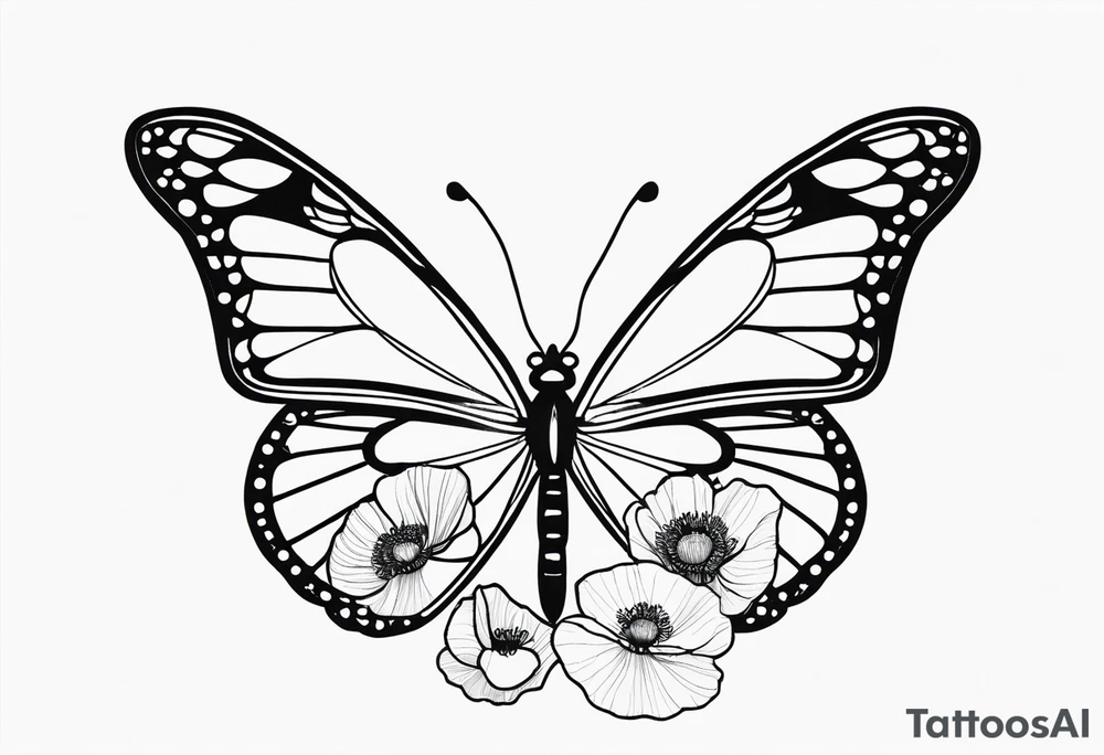 A black and white, fine line tattoo design of a monarch butterfly with poppy flowers inside the top wings. The butterfly has clean lines, and the poppies are delicately integrated within the wings. The bottom wings are simple. The overall style is elegant and refined, focusing on the graceful fusion of the butterfly and flowers. I don’t want flowers outside of the butterfly’s wings and the top wing should only be used as an outline for the flowers inside tattoo idea