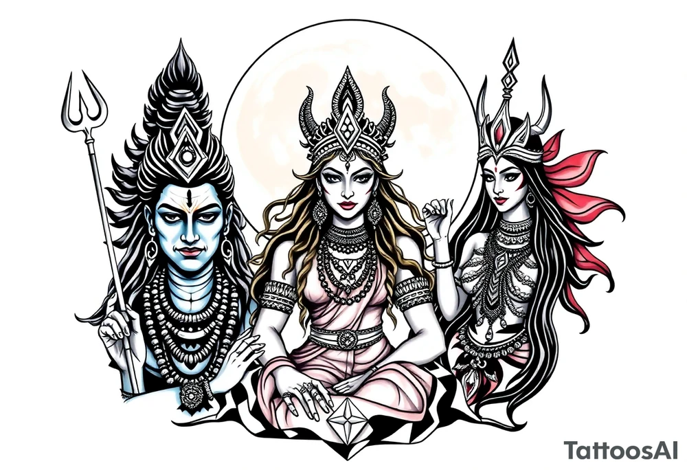 Lord Shiva, Godess Kali, Godess Lilith Together with the moon in the background tattoo idea