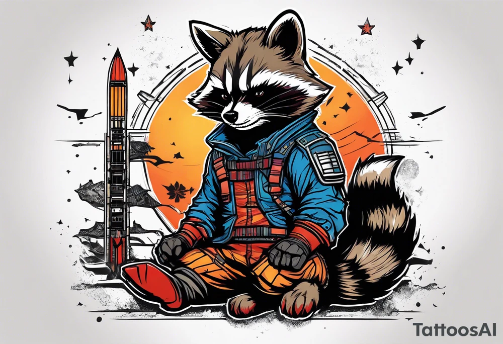 Rocket raccoon sitting with a small black cat tattoo idea