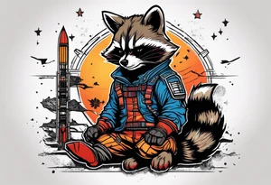 Rocket raccoon sitting with a small black cat tattoo idea