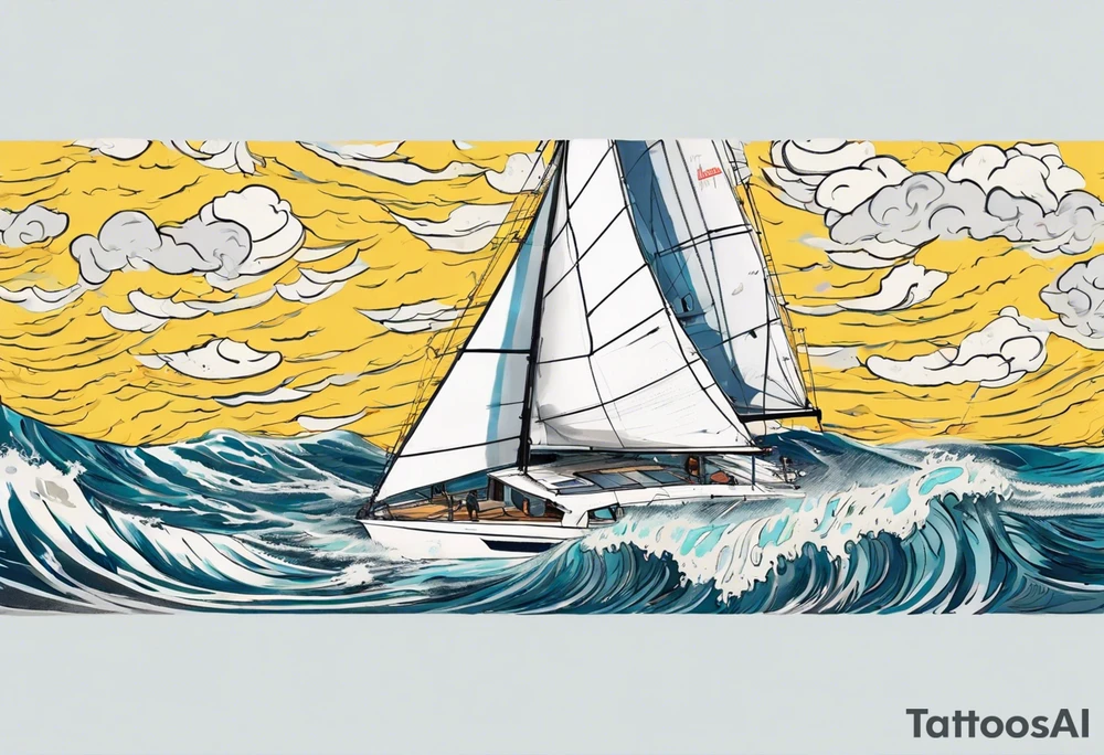 Sailing Catamaran in Rough weather and waves tattoo idea