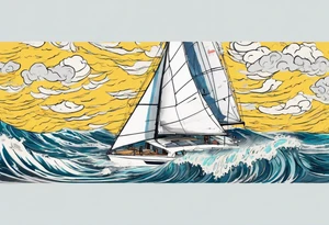 Sailing Catamaran in Rough weather and waves tattoo idea