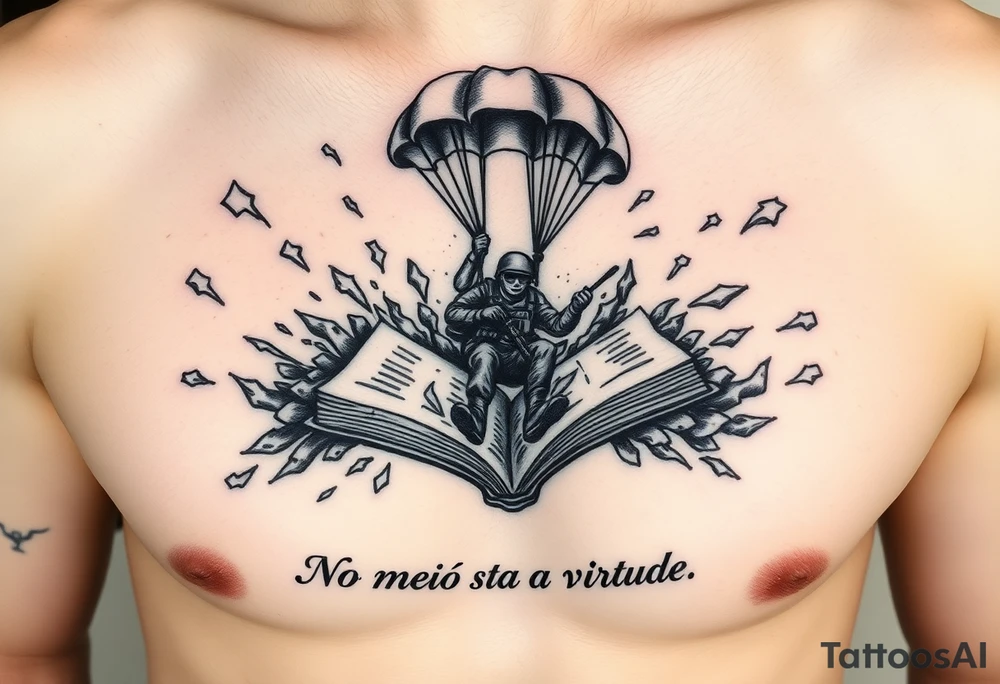 A parachuting soldier landing into an open book. Chaos surrounding, but the book is protecting the soldier from it. On the chest. Make it smaller. Thought provoking. "No meio esta a virtude" underneath the book tattoo idea