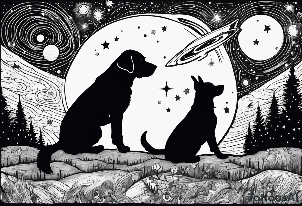A silhouette of a labrador retriever, a german shephard, a beagle, and an adult human male, looking up at a night sky with galaxies comets and other space elements in the style of Van Gogh Starry Night. Must fit on an upper arm. tattoo idea