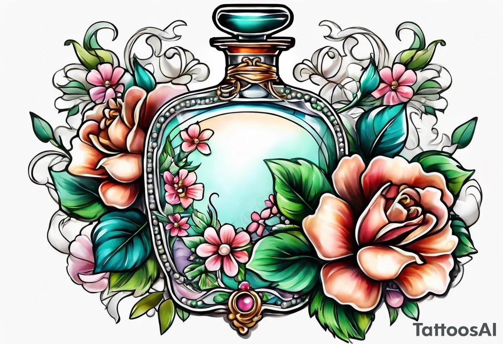 Pearl necklace wrapped around 1950s perfume bottle with flowers and bows surrounding tattoo idea