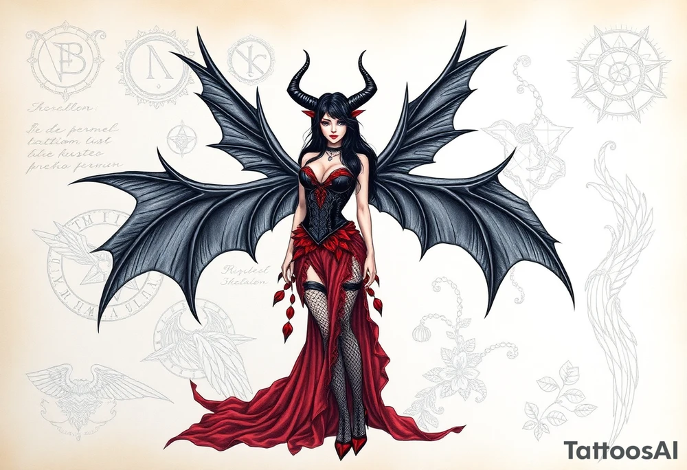 🔥 Image 1: Dark Demon Woman Tattoo Design

A seductive demoness with long black hair and sharp black horns stands confidently. She has large, leathery black wings with spiked edges extending from her back. Her outfit is a gothic corset-style dress with red accents and lace, combined with fishnet stockings and high heels. Her overall aura is dark, powerful, and alluring, blending elegance with danger. The background looks like a magical grimoire page, with handwritten runes and sketches of demonic wings and figures, giving it a mystical, ancient vibe.

Keywords: demon woman, succubus, gothic wings, red-black corset, dark fantasy, seductive devil, horned female, tattoo sketchbook

⸻

🌟 Image 2: Angelic Woman Tattoo Design

A beautifully detailed pencil sketch of an angelic woman with long flowing hair and magnificent feathered wings. She wears a flowing, nature-inspired gown adorned with floral and leaf patterns, blending elegance and divine femininity. Her expression is serene yet strong. The feathers and fabric flow gracefully around her, creating a sense of lightness and movement. The black-and-white pencil drawing gives it a timeless, classical tattoo appeal.

Keywords: angel woman, divine beauty, feathered wings, floral gown, feminine strength, heavenly figure, pencil sketch, classic tattoo tattoo idea