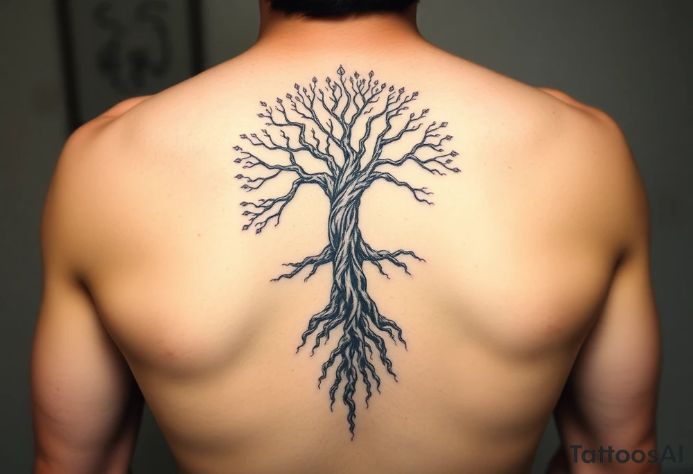 mystical tree of life with cosmic roots and celestial branches tattoo idea