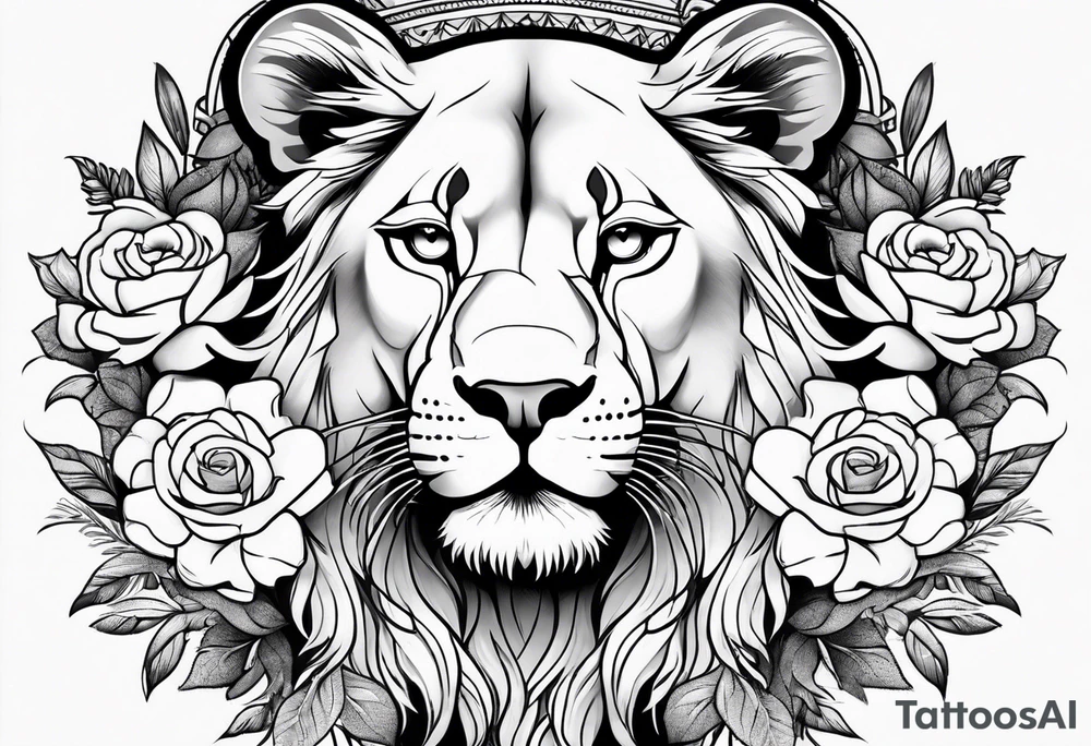 Lioness head with flowers tattoo idea