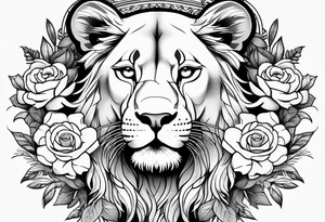 Lioness head with flowers tattoo idea