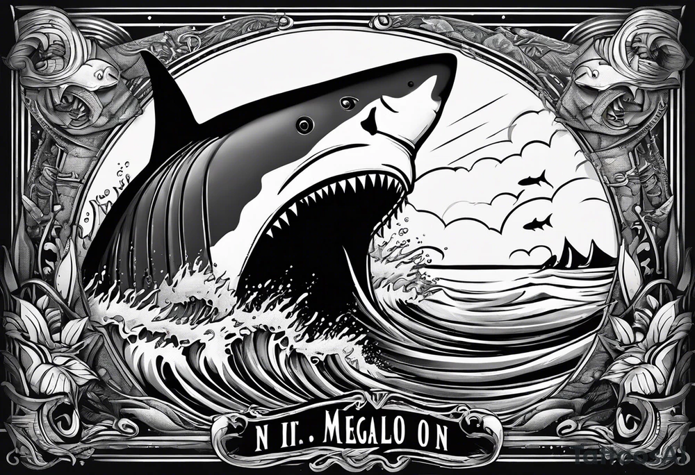 i wanted to have the megalodon ni text vertically with the shark and the water wrapping around the text tattoo idea