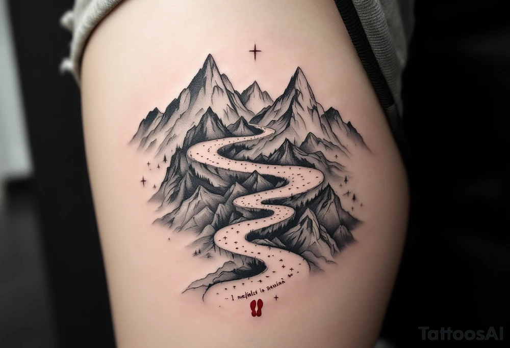 „I nejdelsi cesta zacina prvnim krokem.“ — A winding trail through mountain peaks in soft grays, with a single red bootprint and the proverb written in the sky. tattoo idea