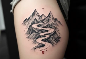 „I nejdelsi cesta zacina prvnim krokem.“ — A winding trail through mountain peaks in soft grays, with a single red bootprint and the proverb written in the sky. tattoo idea