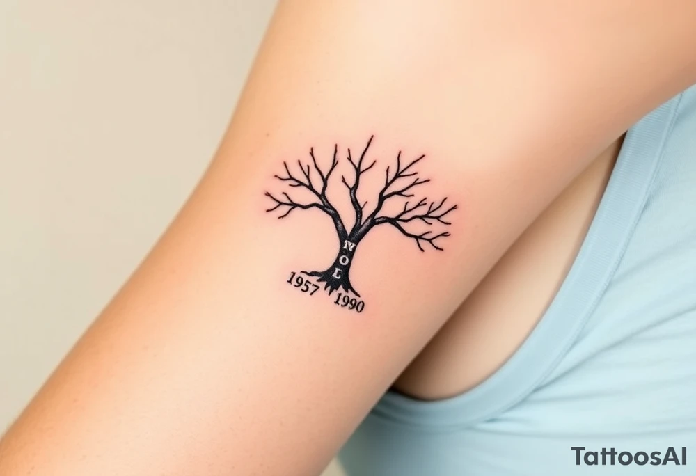 Design 2: Family Tree with Initials and Birth Years
Concept: A minimalist family tree with initials and birth years, symbolizing family lineage and connection.
Placement: Above the arm crease, as requested.
Style: Black ink, simple lines, and a clean design.
Layout:
1957 <3
.................
1980 1989 1998 2000
L E K J tattoo idea