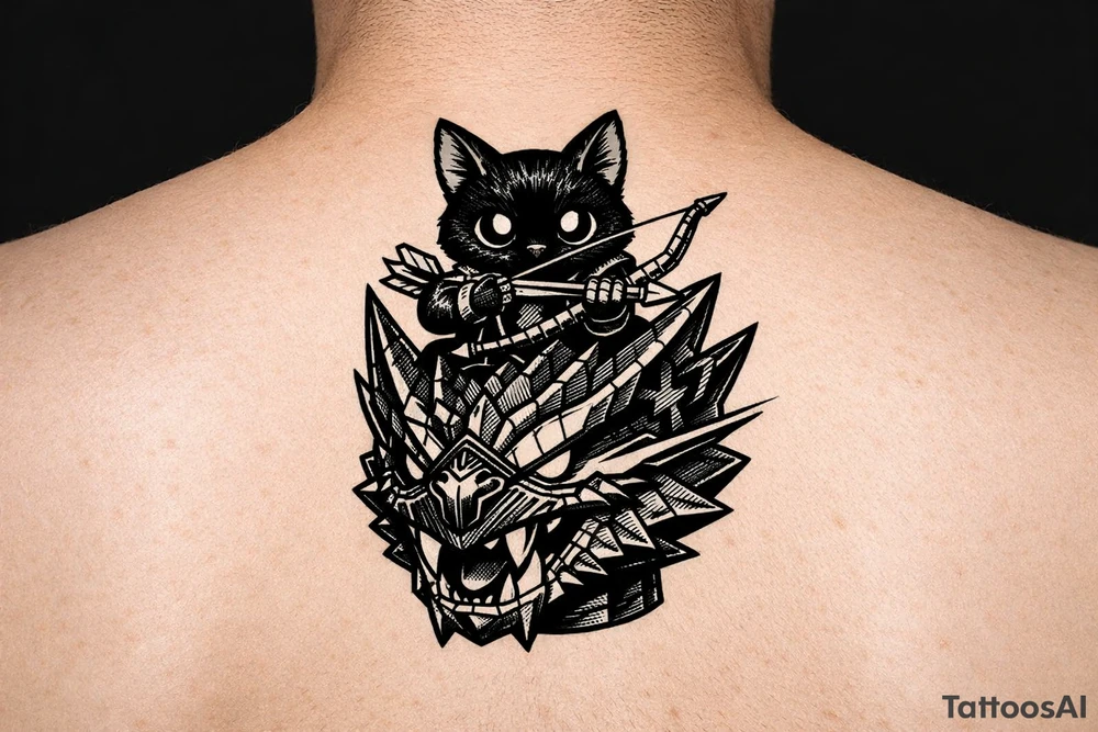 A vertical illustrative tattoo design, 2D vector style. A cute black Palico feline cat with realistic cat ears, and large glowing solid eyes is riding on the back of a Nargacuga dragon. The camera is zoomed in tight as a close-up portrait, showing only the full cat on top and the dragon's head and neck directly below it, acting as a compact pedestal base. The cat is holding a wooden hunter's bow and arrow. The dragon has sleek, smooth, interlocking reptilian wyvern scales, sharp fangs, and a glowing red streak trailing backward from its eye. Thick clean black outlines, clear spacing, solid white background, zero feathery textures, no 3D shading, stencil ready. tattoo idea