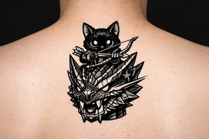A vertical illustrative tattoo design, 2D vector style. A cute black Palico feline cat with realistic cat ears, and large glowing solid eyes is riding on the back of a Nargacuga dragon. The camera is zoomed in tight as a close-up portrait, showing only the full cat on top and the dragon's head and neck directly below it, acting as a compact pedestal base. The cat is holding a wooden hunter's bow and arrow. The dragon has sleek, smooth, interlocking reptilian wyvern scales, sharp fangs, and a glowing red streak trailing backward from its eye. Thick clean black outlines, clear spacing, solid white background, zero feathery textures, no 3D shading, stencil ready. tattoo idea