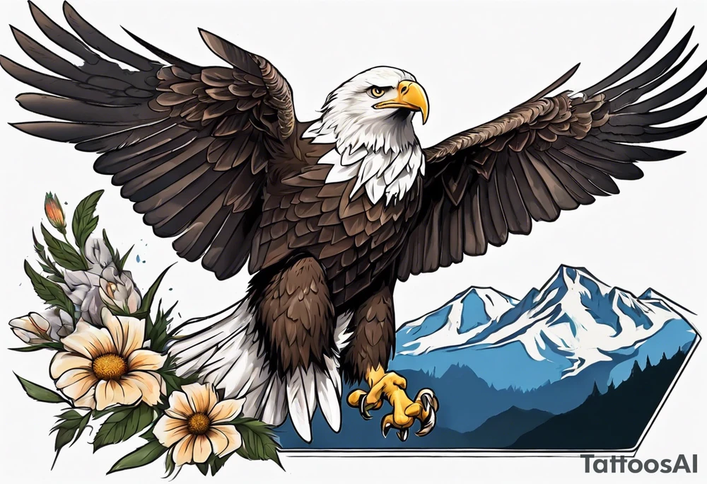 bald eagle with wings spread with mountain flowers in the background tattoo idea