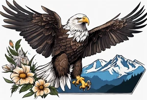 bald eagle with wings spread with mountain flowers in the background tattoo idea