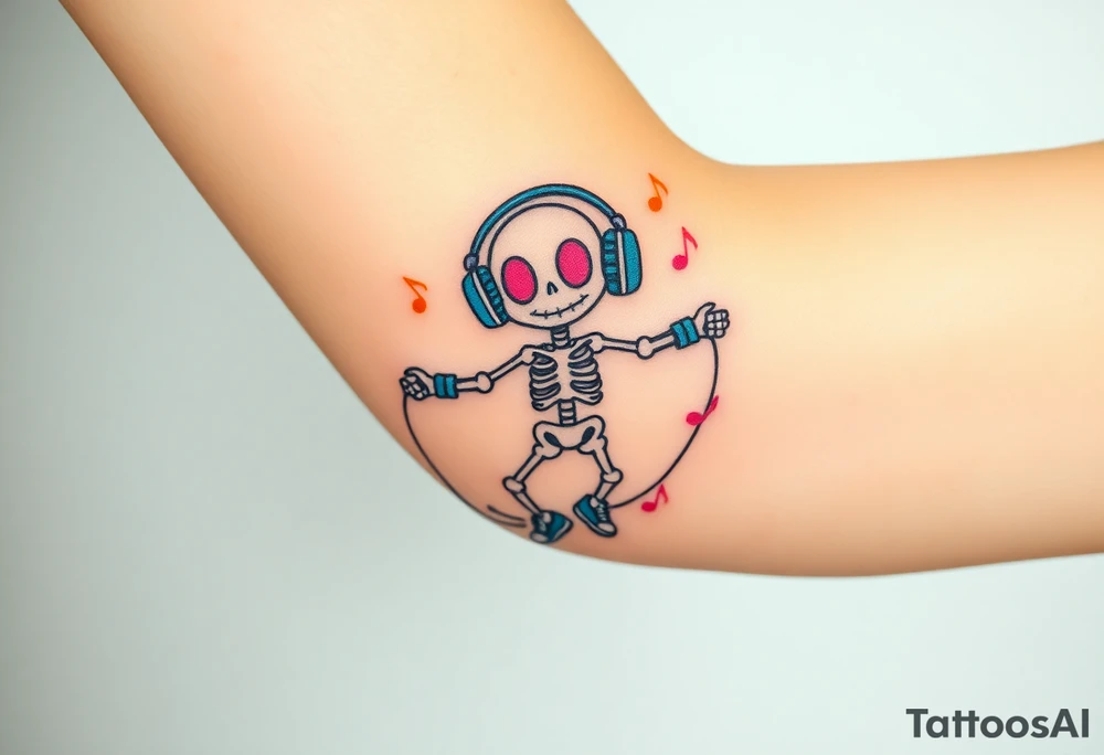 Cute smiley skeleton with pink dreamy eyes in his eyes jumping on a jump rope with blue headphones blue armbands blue sneakers and colorful  music notes around his head tattoo idea