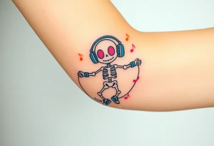 Cute smiley skeleton with pink dreamy eyes in his eyes jumping on a jump rope with blue headphones blue armbands blue sneakers and colorful  music notes around his head tattoo idea