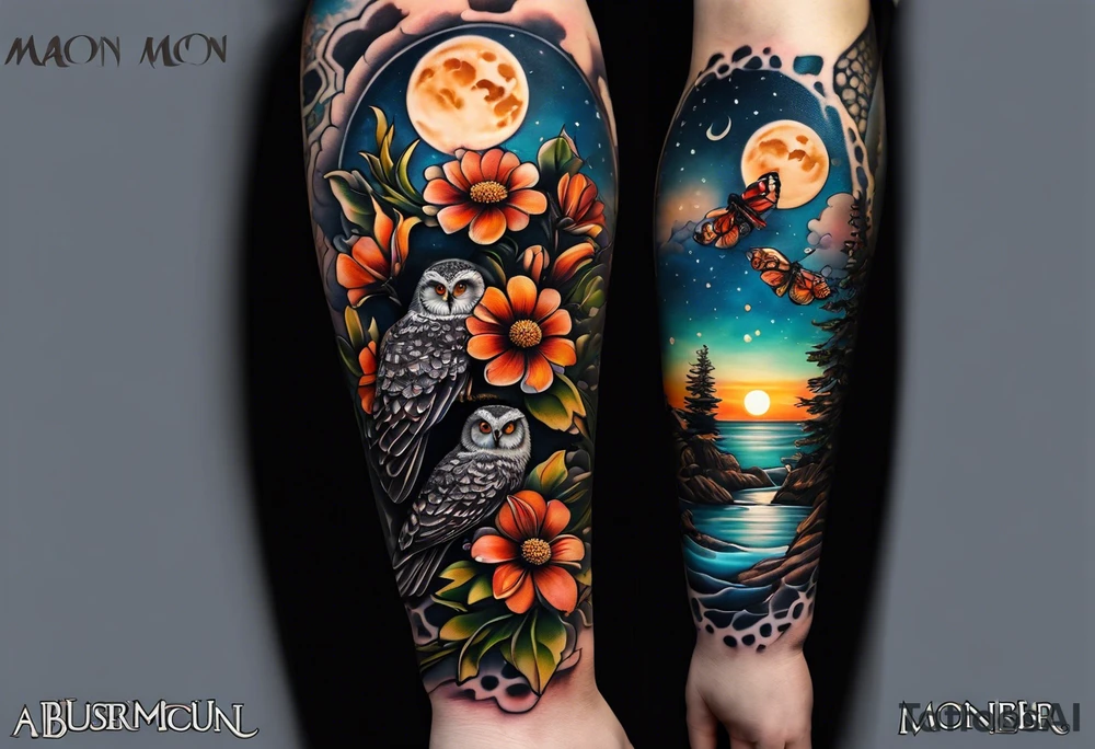 A lower forearm sleeve full colour coming down from a bicep with flowers joined with lighthouse, honeycombs, mandala flowers, and owl, bees, pinecone, lady bugs. Moon tattoo idea