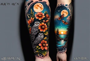 A lower forearm sleeve full colour coming down from a bicep with flowers joined with lighthouse, honeycombs, mandala flowers, and owl, bees, pinecone, lady bugs. Moon tattoo idea