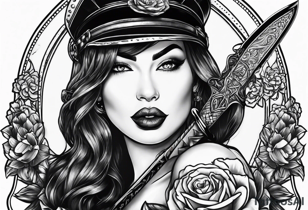 Dagger with an alligator and topless pinup girl tattoo idea