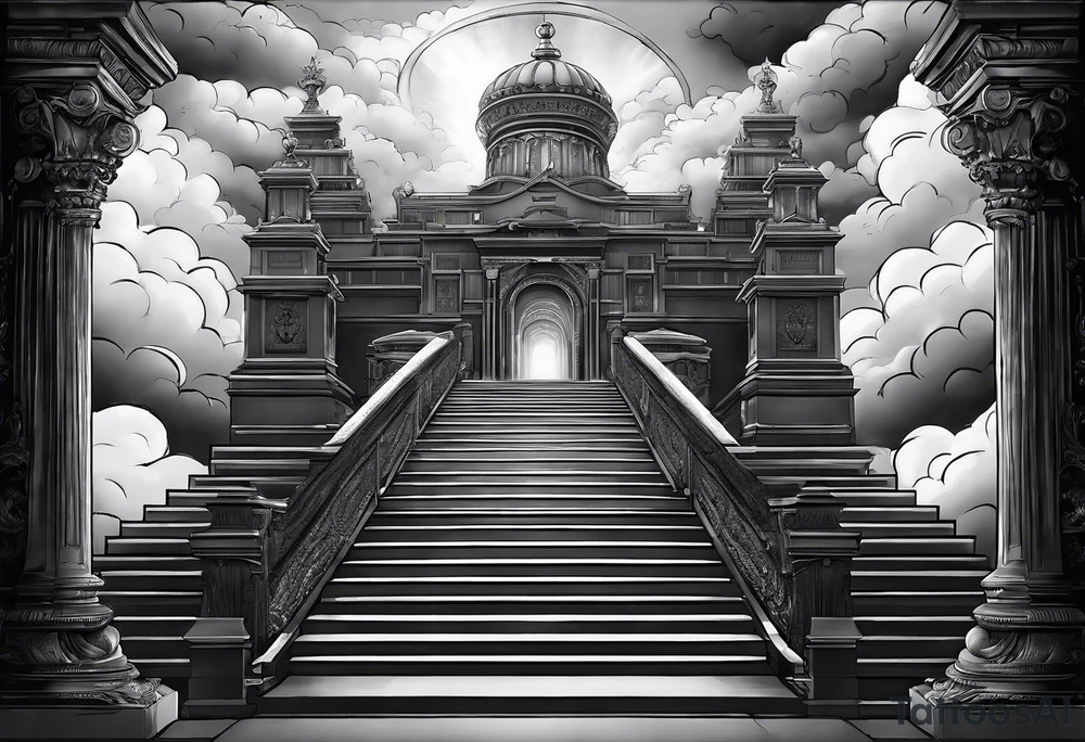 Staircase that leads through the clouds to heaven and ends at the gates of heaven. At the end there is a bright light tattoo idea