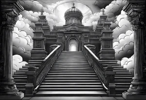 Staircase that leads through the clouds to heaven and ends at the gates of heaven. At the end there is a bright light tattoo idea