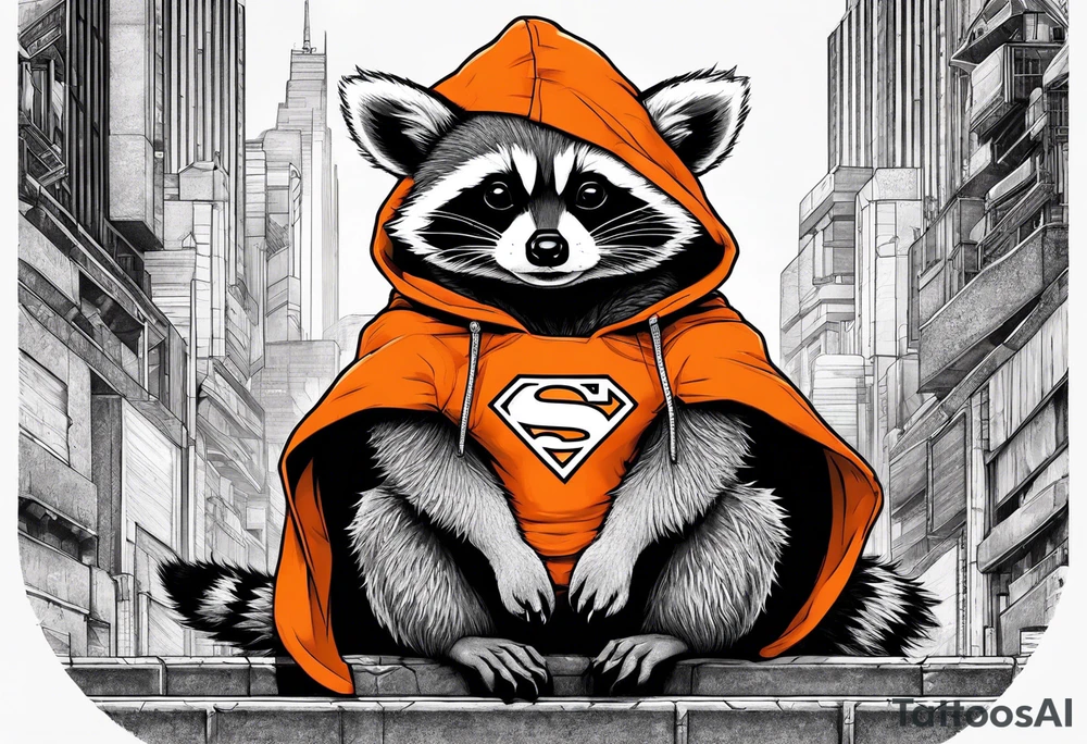 Raccoon wearing an orange Superman hoodie tattoo idea