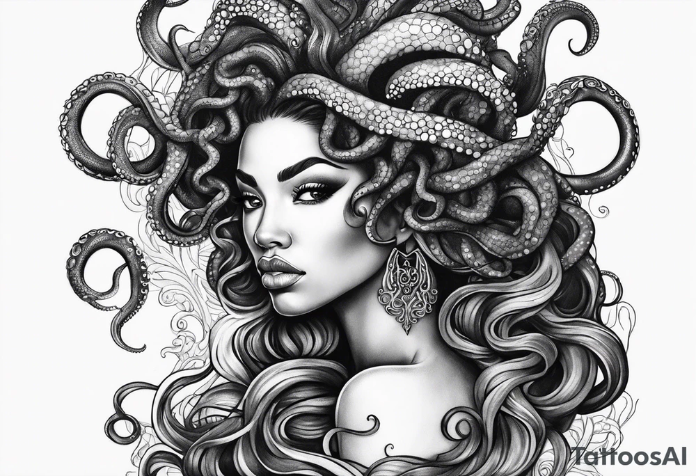 Black woman Medusa tattoo with a beautiful face only showing from the nose up. Octopus tentacles for hair tattoo idea