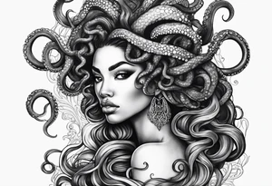 Black woman Medusa tattoo with a beautiful face only showing from the nose up. Octopus tentacles for hair tattoo idea