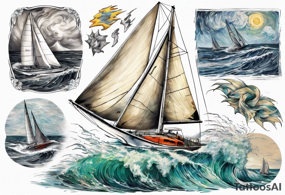 Sailing Catamaran in Rough weather and waves tattoo idea