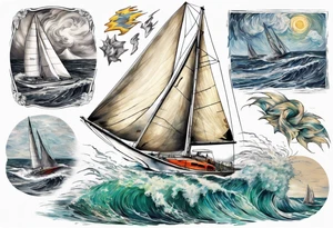 Sailing Catamaran in Rough weather and waves tattoo idea